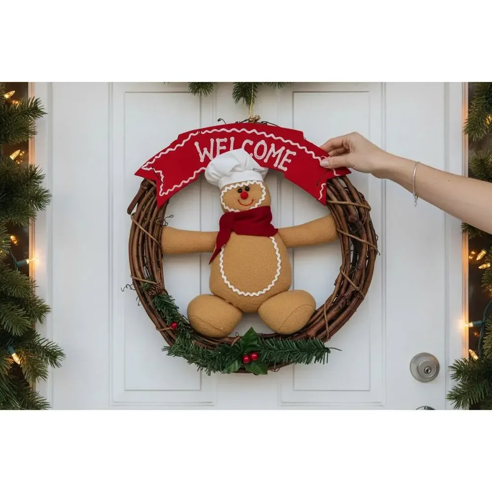 Vintage Gingerbread Christmas Wreath Welcome Sign-Felt-Bakery-Holiday-Country - Picture 1 of 5